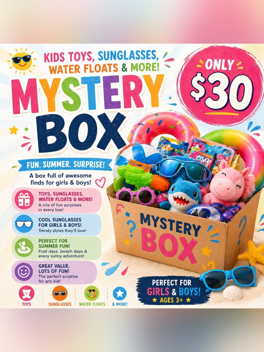 Mystery Box Kids Toys Playsets Pool Water floats Nerfs Plushes collectibles